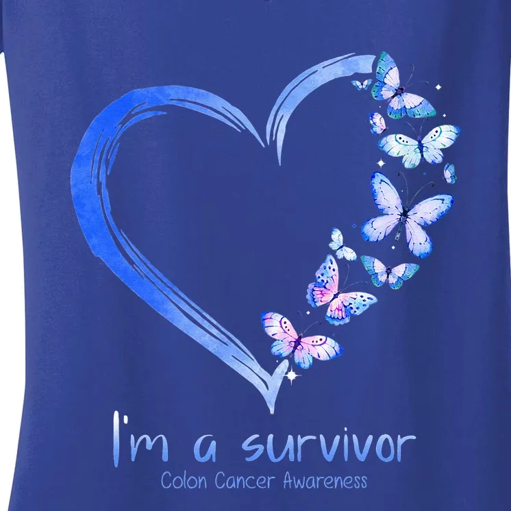 Blue Butterfly Heart I'm A Survivor Colon Cancer Awareness Women's V-Neck T-Shirt