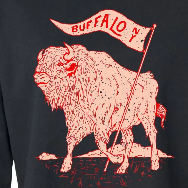 Bison Buffalo Holds A Flag Say Buffalow Ny New York Cropped Pullover Crew