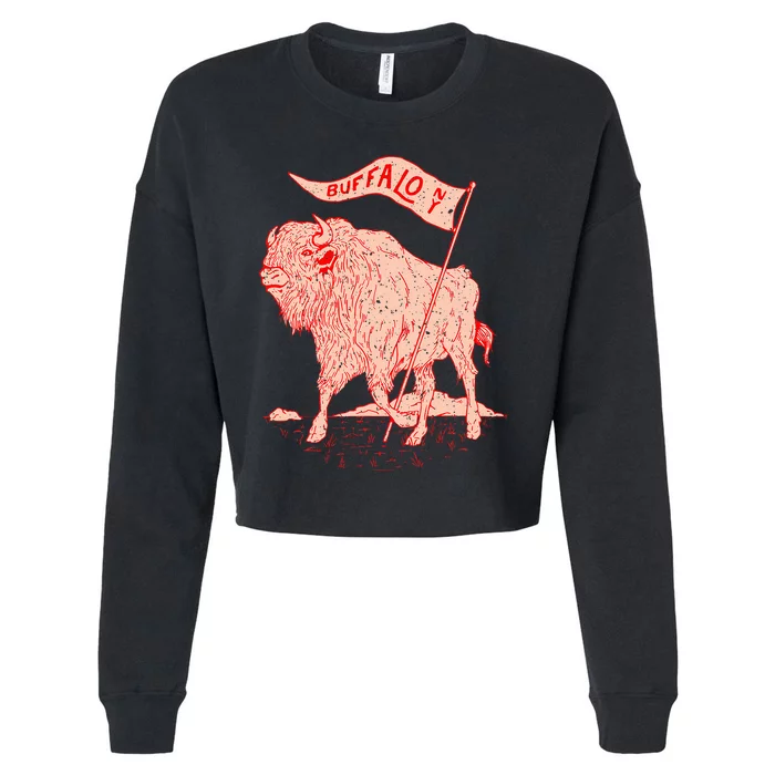 Bison Buffalo Holds A Flag Say Buffalow Ny New York Cropped Pullover Crew