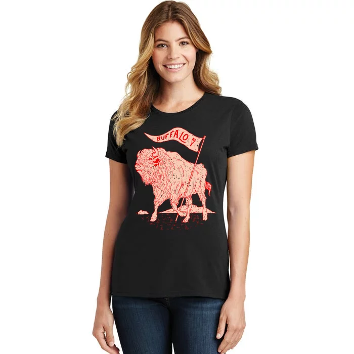 Bison Buffalo Holds A Flag Say Buffalow Ny New York Women's T-Shirt