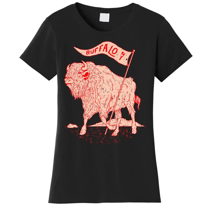 Bison Buffalo Holds A Flag Say Buffalow Ny New York Women's T-Shirt