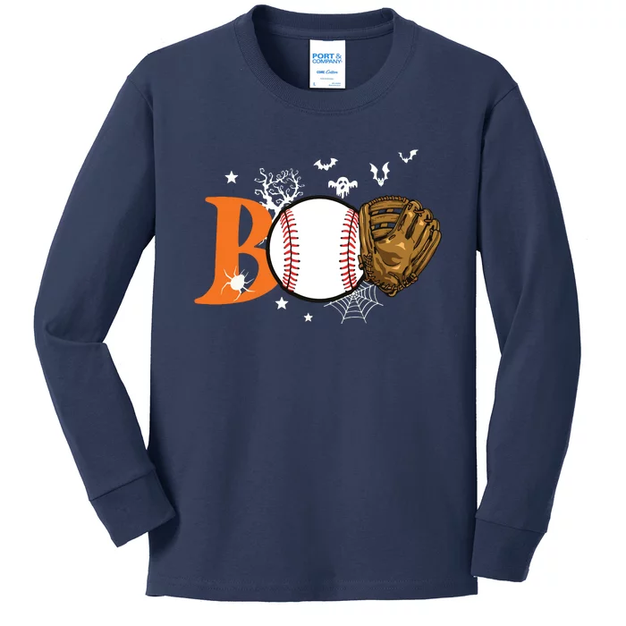 Boo Baseball Halloween Player Catcher Pitcher Spooky Season Kids Long Sleeve Shirt