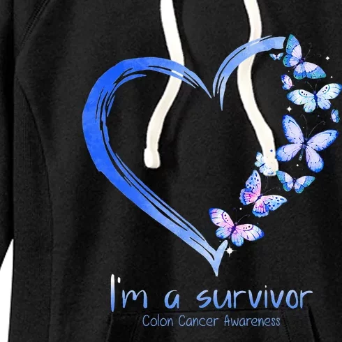 Blue Butterfly Heart Im A Survivor Colon Cancer Awareness Women's Fleece Hoodie