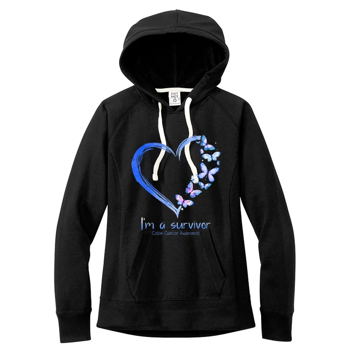 Blue Butterfly Heart Im A Survivor Colon Cancer Awareness Women's Fleece Hoodie