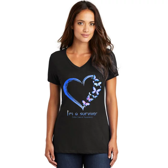 Blue Butterfly Heart Im A Survivor Colon Cancer Awareness Women's V-Neck T-Shirt