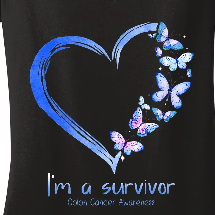 Blue Butterfly Heart Im A Survivor Colon Cancer Awareness Women's V-Neck T-Shirt