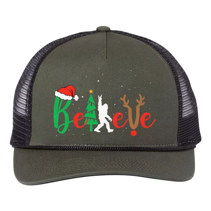 Bigfoot Believe In Christmas Funny Sasquatch Xmas Pajamas Retro Rope Trucker Hat Cap