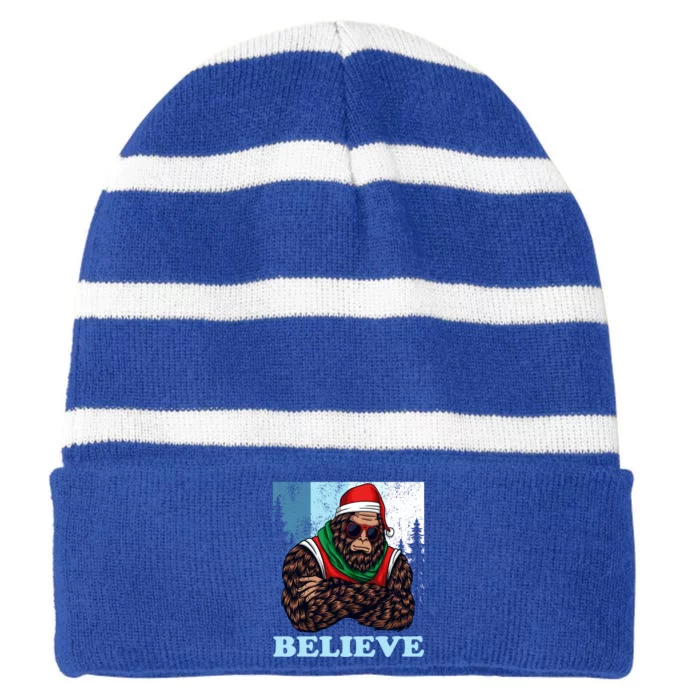 Bigfoot Believe In Christmas Sasquatch Funny Xmas Gift Striped Beanie with Solid Band