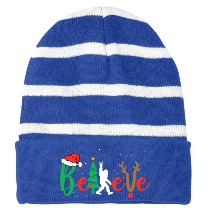 Bigfoot Believe In Christmas Sasquatch Xmas Pajamas Gift Striped Beanie with Solid Band