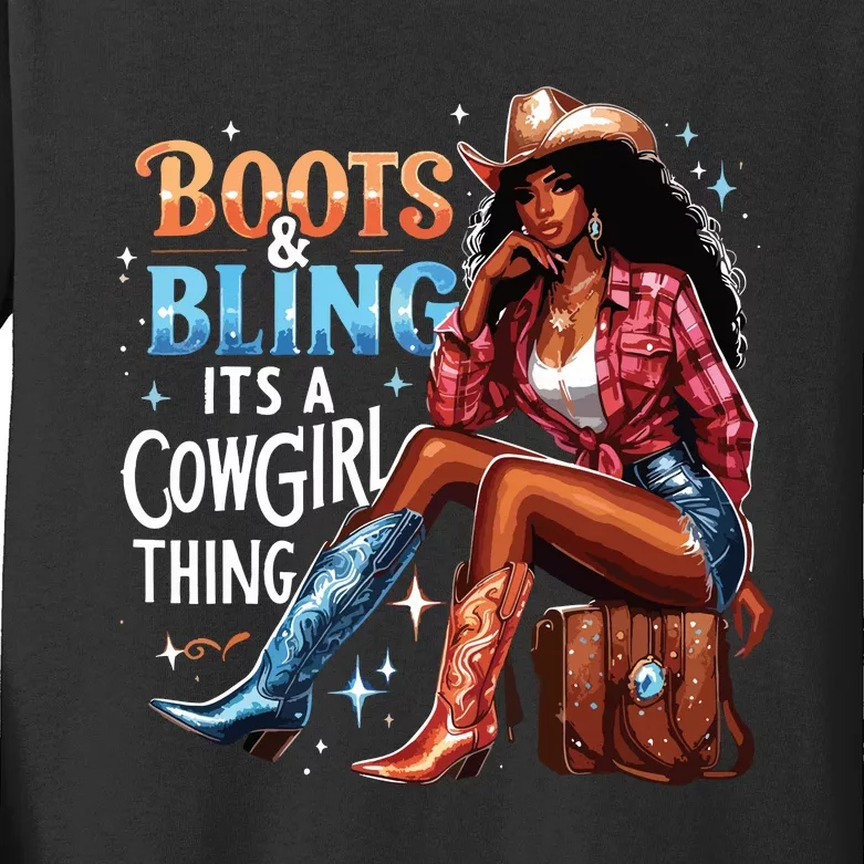 Boots Bling Its A Cowgirl Thing Melanin Rodeo Cowgirl Kids Long Sleeve Shirt