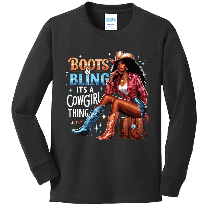 Boots Bling Its A Cowgirl Thing Melanin Rodeo Cowgirl Kids Long Sleeve Shirt