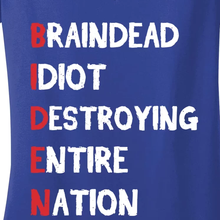 Biden Braindead Idiot Destroying Entire Nation Distressed Funny Gift Women's V-Neck T-Shirt