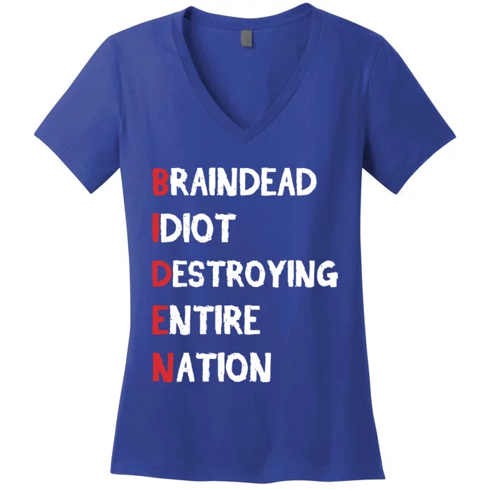 Biden Braindead Idiot Destroying Entire Nation Distressed Funny Gift Women's V-Neck T-Shirt