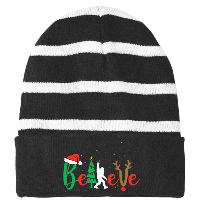 Bigfoot Believe In Christmas Funny Sasquatch Xmas Pajamas Striped Beanie with Solid Band