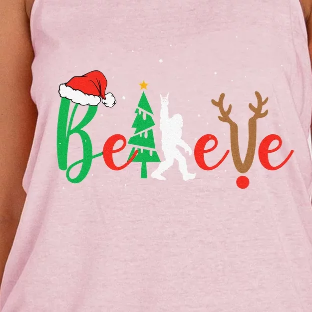 Bigfoot Believe In Christmas Funny Sasquatch Xmas Pajamas Women's Knotted Racerback Tank