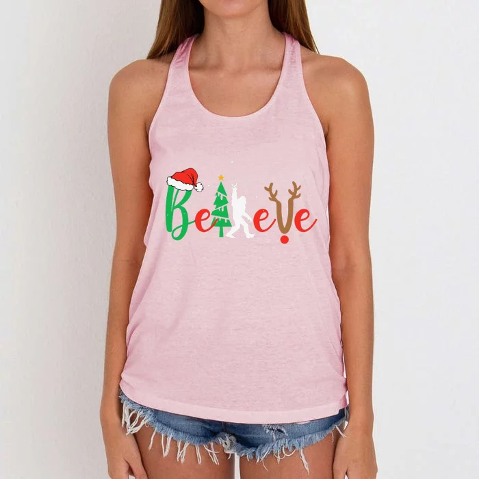 Bigfoot Believe In Christmas Funny Sasquatch Xmas Pajamas Women's Knotted Racerback Tank