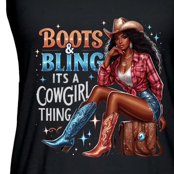 Boots & Bling Its A Cowgirl Thing Melanin Rodeo Cowgirl Ladies Essential Flowy Tank