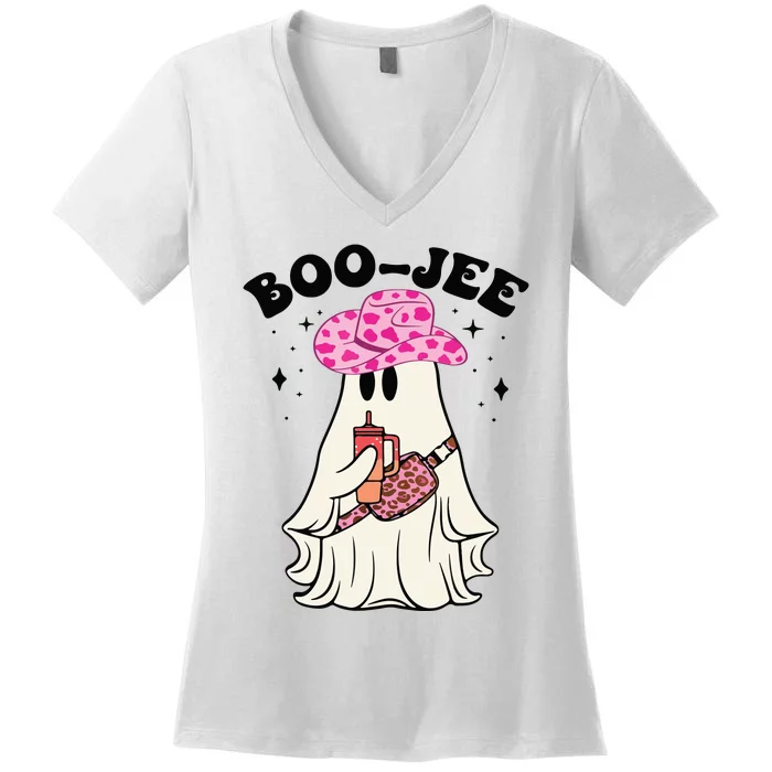 Boujee Boo Jee Spooky Ghost Halloween Leopard Costumes Women's V-Neck T-Shirt