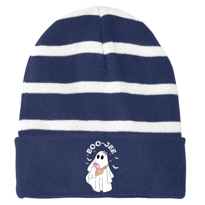 Boujee Boo Jee Ghost Halloween Girl Kids Boy Spooky Season Striped Beanie with Solid Band