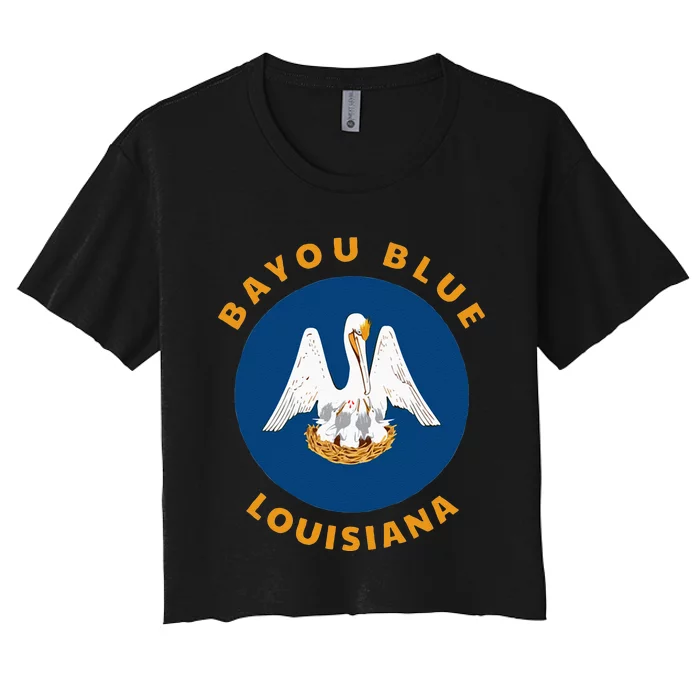 Bayou Blue Louisiana LA Flag Badge Roundlet Souvenir Women's Crop Top Tee