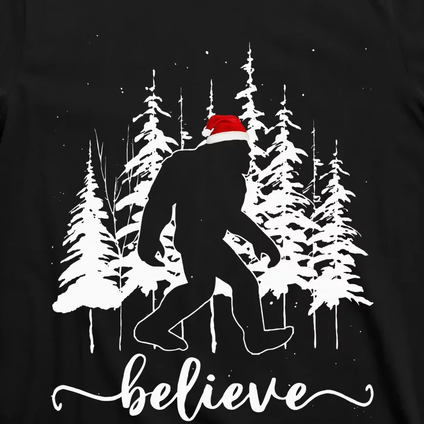 Believe Bigfoot Light Santa Squatch Christmas Tree Pajamas T-Shirt