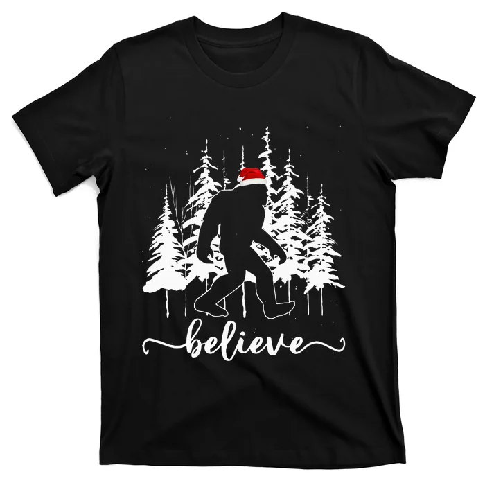 Believe Bigfoot Light Santa Squatch Christmas Tree Pajamas T-Shirt