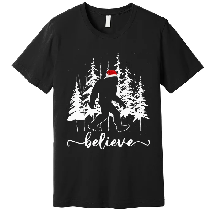 Believe Bigfoot Light Santa Squatch Christmas Tree Pajamas Premium T-Shirt