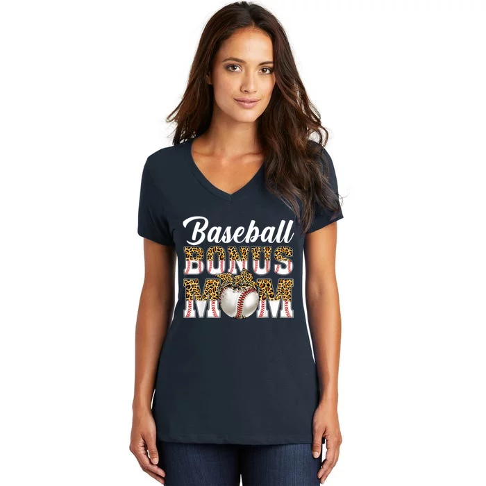 Baseball Bonus Mom Game Day Leopard Baseball Mothers Day Women's V-Neck T-Shirt