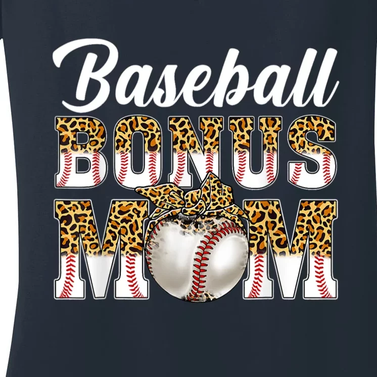 Baseball Bonus Mom Game Day Leopard Baseball Mothers Day Women's V-Neck T-Shirt