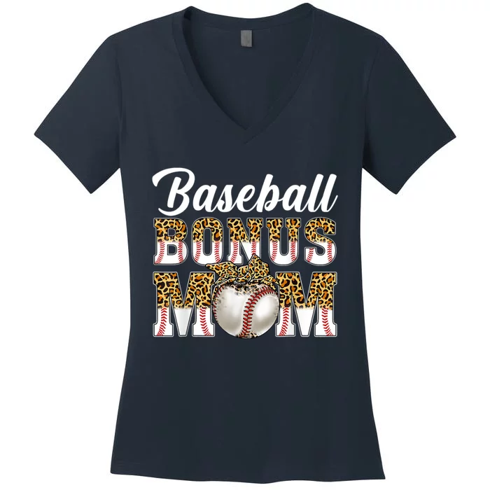 Baseball Bonus Mom Game Day Leopard Baseball Mothers Day Women's V-Neck T-Shirt