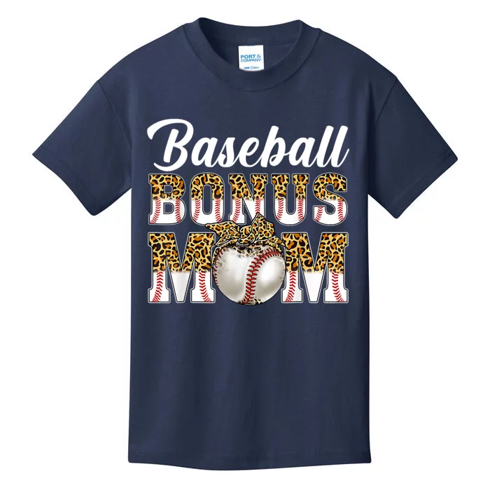 Baseball Bonus Mom Game Day Leopard Baseball Mothers Day Kids T-Shirt