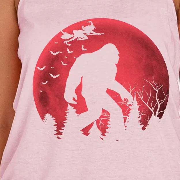 Bigfoot Blood Moon Full Moon On Halloween And Flying Witch Women's Knotted Racerback Tank