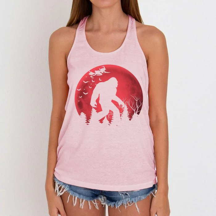 Bigfoot Blood Moon Full Moon On Halloween And Flying Witch Women's Knotted Racerback Tank