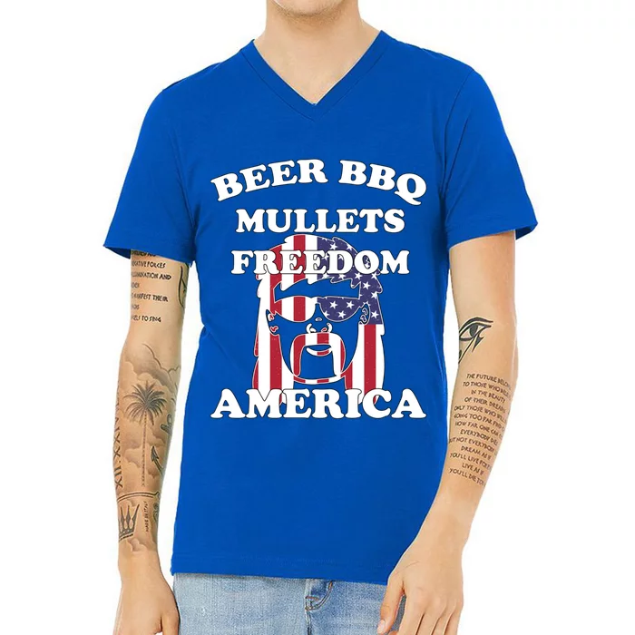 Beer Bbq Mullets Freedom America Funny Patriotic Graphic Gift V-Neck T-Shirt