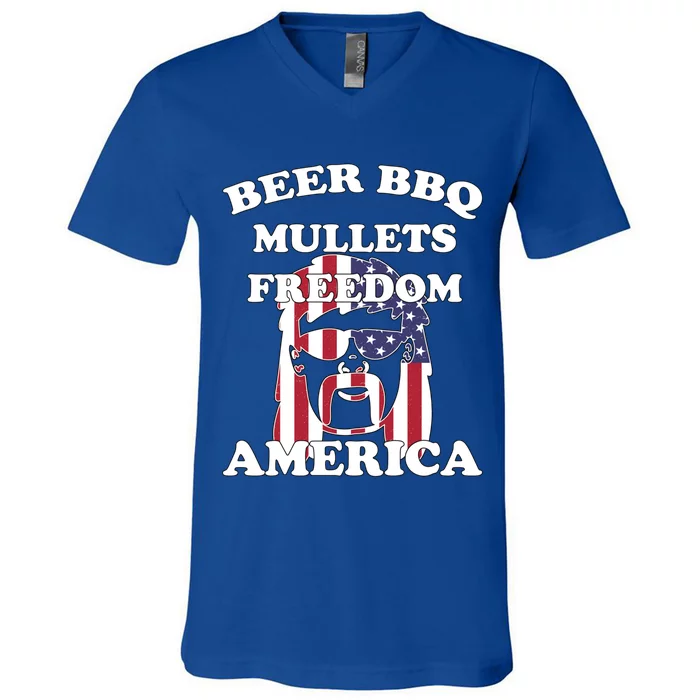 Beer Bbq Mullets Freedom America Funny Patriotic Graphic Gift V-Neck T-Shirt