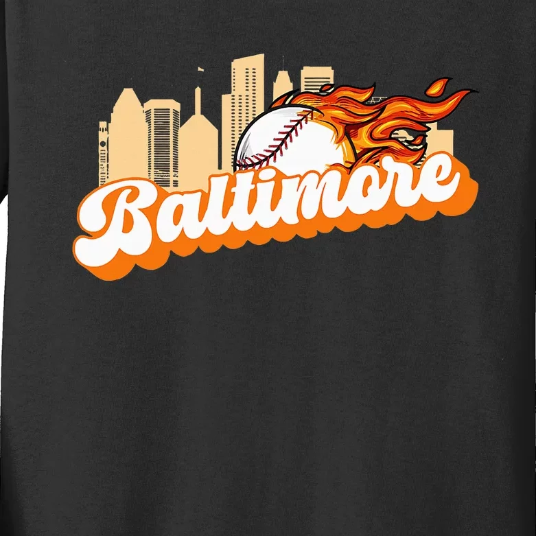 Baltimore Baseball Minimal City Skyline Kids Long Sleeve Shirt