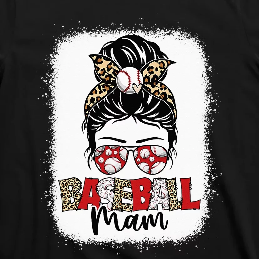 Bleached Baseball Mam Leopard Messy Bun Mothers Day T-Shirt