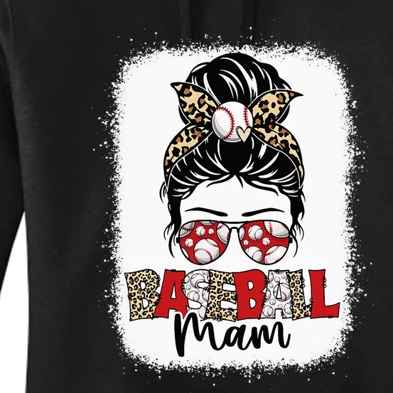 Bleached Baseball Mam Leopard Messy Bun Mothers Day Women's Pullover Hoodie