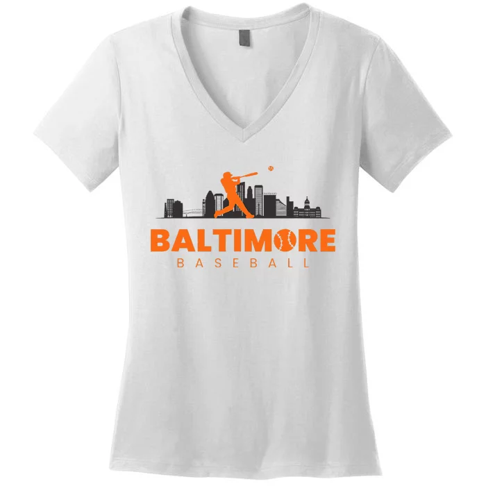 Baltimore Baseball Minimalist City Skyline Baseball Lover Women's V-Neck T-Shirt