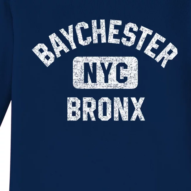 Baychester Bronx Nyc Gym Style Distressed White Print Gift Baby Long Sleeve Bodysuit