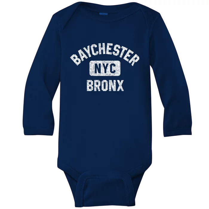 Baychester Bronx Nyc Gym Style Distressed White Print Gift Baby Long Sleeve Bodysuit