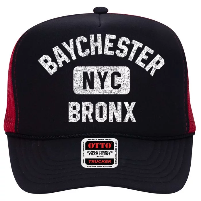 Baychester Bronx Nyc Gym Style Distressed White Print Meaningful Gift High Crown Mesh Trucker Hat