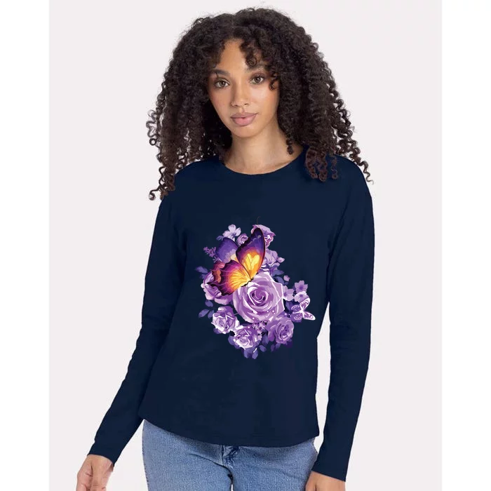 Beautiful Butterfly Purple Rose Butterfly Lovers Womens Cotton Relaxed Long Sleeve T-Shirt