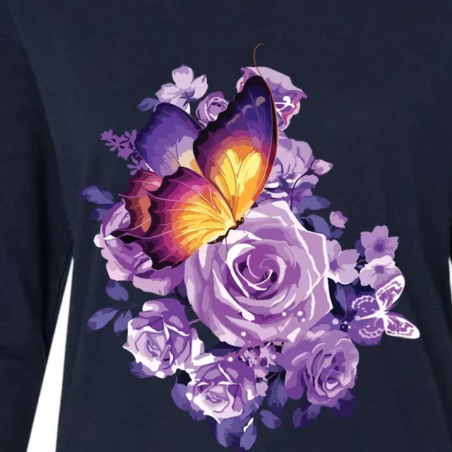 Beautiful Butterfly Purple Rose Butterfly Lovers Womens Cotton Relaxed Long Sleeve T-Shirt