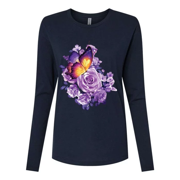 Beautiful Butterfly Purple Rose Butterfly Lovers Womens Cotton Relaxed Long Sleeve T-Shirt