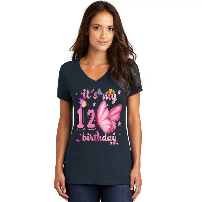 BUTTERFLY Birthday Princess 12th Birthday BUTTERFLY Women's V-Neck T-Shirt