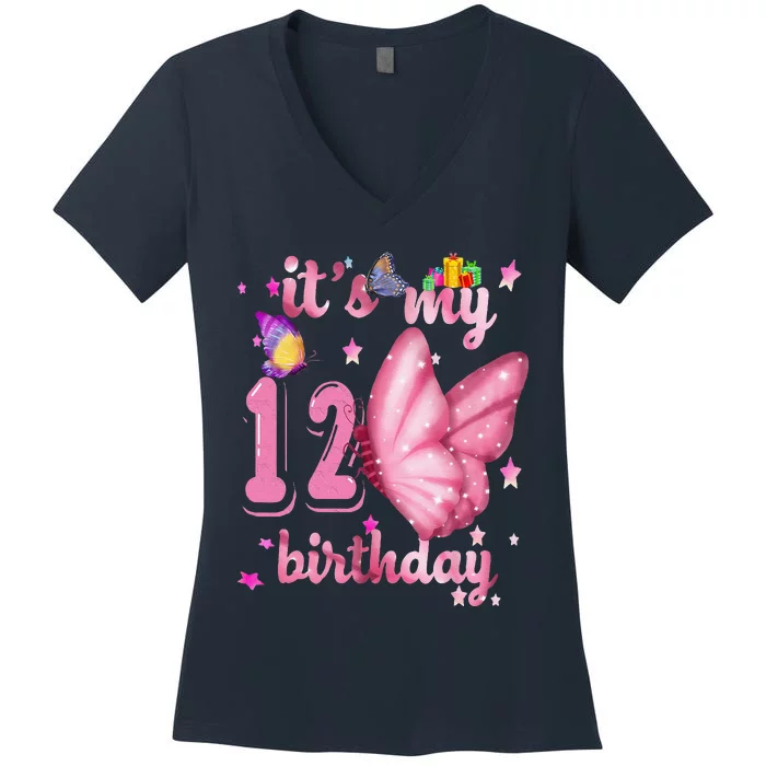 BUTTERFLY Birthday Princess 12th Birthday BUTTERFLY Women's V-Neck T-Shirt