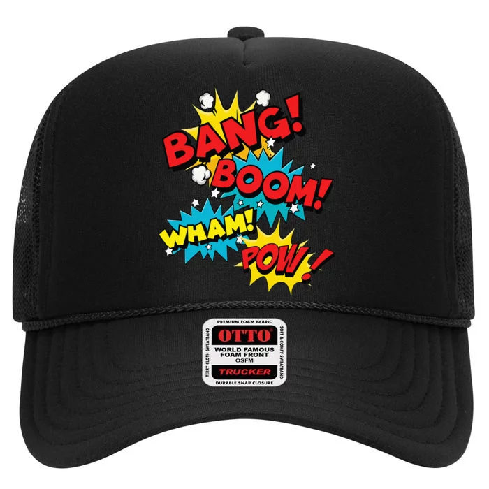 Bang Boom Pow Wham Comic Bubbles High Crown Mesh Trucker Hat