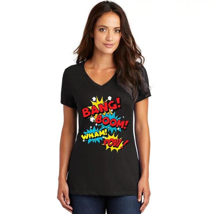 Bang Boom Pow Wham Comic Bubbles Women's V-Neck T-Shirt