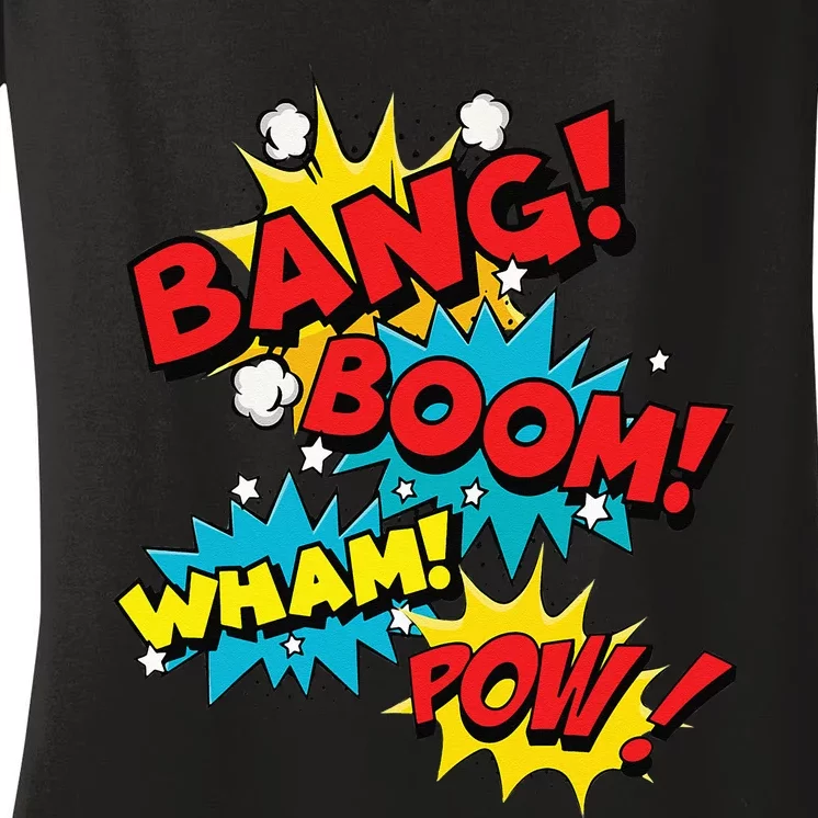 Bang Boom Pow Wham Comic Bubbles Women's V-Neck T-Shirt